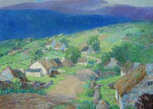 Mary MacCord's "Cloud Shadows on Irish Hills" - Impressionist birds eye view of an Irish village. Thatched roof houses. Emerald green fields. Blue and purple hills in the distance