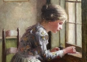 Frederick Boston's Writing by the Window. Young woman writing a letter on her window sill. Sunlight streams in.