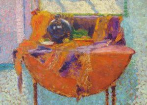 Jane Cooper's Still Life with Table and Vase. A rare example of American pointilism, all objects are composed of smaller dabs of paint - light blues, browns, and purples. A wonderful painting.