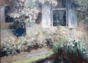 Carra Cope's Lily Pond. Lily Pond outside a home. painted indistinctly, in light green, off white and white brushwork