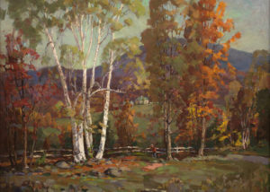 James King Bonnar's “Indian Summer” - a hunter with his rifle walks along an autumn colored landscape