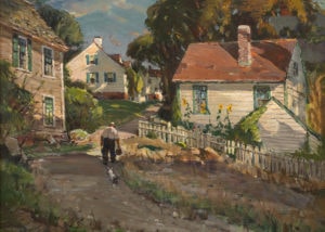 Antonio Cirino's "On the Way Home" - a man and his dog walk uphill along a village road