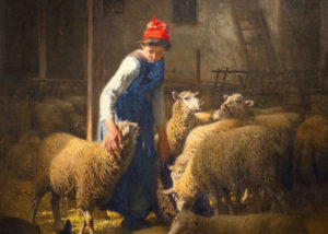 Charles Clair's "Shepardess" - a shephardess strokes the face of a sheep, which looks lovingly up at her. they are in a barn with other sheep, and one hen.