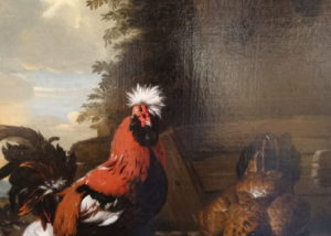 "A Bantam Cockerel with Hens and Chicks in a Farmyard"