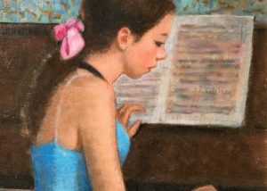 Francois Gall's Girl Playing Piano. A very young girl, perhaps 12 or 14 years old, with a somewhat serious look, depicted in profile playing piano. She wears a blue dress with a pink bow in her hair.