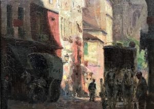 Guey's View of Notre Dame Spire. Shadowed street scene set in Paris. Two horse drawn carriages pass in front of Notre Dame