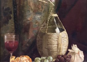 Cornelius Hankins' Still Life of Grapes, oranges, and a wine bottle