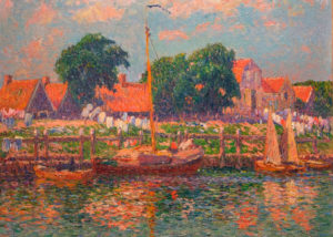 Henri Moret's Paysage de Hollande. A vibrantly depicted dock with sailboats and village behind. The brushwork is "dashes" of color, which blend upon viewing into the color and motion of the water. A stunning work.