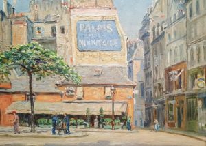 Judson's Montmartre. Impressionist cityscape with tall buildings and pedestrians. A very bright painting, full of soft light.