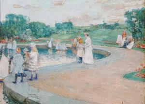 Childe Hassam's Children in the Par, Boston. Impressionist still clear day, painting of the park, with children and their mothers sailing toy boats in a pond.