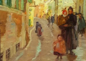 Palmer's After the Rain. A street scene with a woman carrying her child, and leading another, down a road made glossy by rain. Yellow buildings with green shutters line the street.