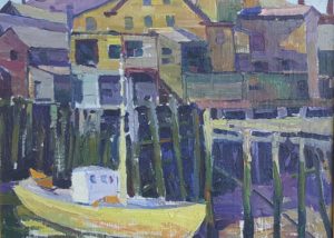 Nellie Knopf's Wharf Scene, Gloucester. A yellow boat sits at anchor beside the wharf. A shanty town is seen behind.