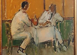 Malagodi's Conversation. Two men in white suits, sitting in a casual, relaxed posture, converse in a small dining room. The walls are yellow with green baseboard.