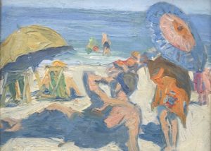 Anne Carleton's Watching Children. A man and woman watch their children wading into the ocean from the shore. Several umbrellas provide color - yellow, blue, and peach.