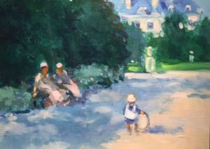 McDuff's Luxembourg Garden, Paris. Two women on a bench in the garden watch a child at play.