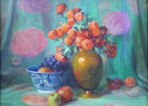 Mason's Floral Still Life with Copper Vase. Red Flowers, copper vase, blue bowl containing blueberries and apples.