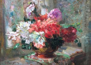 Jean Chaleye's Still life of Flowers. A bouquet of white, red, and purple flowers done in strong though indistinct brushwork.