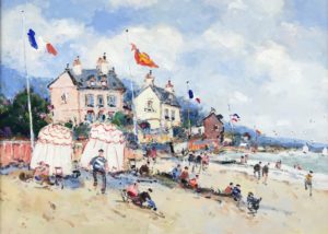 DuBord's Beaches of Normandy. A pleasant, modern beach scene - crowded with visitors, small shops, and flags. The foremost being the flag of France.