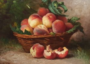 Leon Huber's Still Life of Peaches. A woven basket full of peaches and vegetation, on the earth. One peach, outside the basket, is split, showing the peach pit.