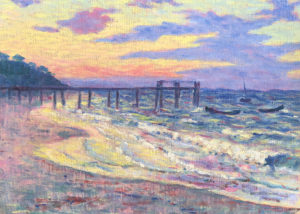 Meteyard's Pier at Sunset. Impressionist colors and brushwork. Twilight purple clouds atop golden skies, dark pier, and violet sands.