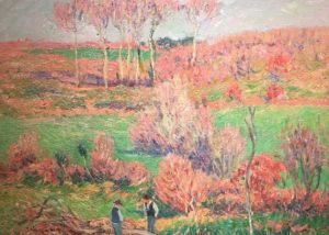 Henry Moret's forgerons pres de Doelan. Impressionist brushwork. Fantastic colors - pink leaved trees and shrubbery. Two boys stand over a felled tree in the foreground.