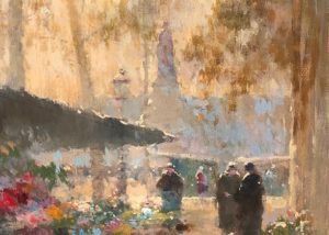 Cortes' Flower Market. Parisian scene. Flower stalls painted in earth tones, ochre skies. Impressionist style vendors and clients converse beside the stalls.