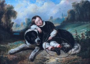 LePaulle's Boy with his Dog. Boy sleeping against alert and loving large, black and white dog. Both in grassy field.