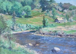 Bower's Hillside Farm. Vermont. Pastel colors. River, trees, fields. Small, charming farmhouse.