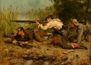 Gilbert Gaul. Confederate Guerrillas. Three sharpshooters realistically depicted watching a target from a marshy environment.