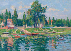 Maximilien Luce. Impressionist brushwork. Proto-Fauvist colors. Vibrant pinks, greens, and blues. River scene with boats.